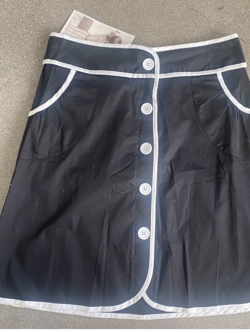 Black Mini Skirt with White Piping and Front Buttons